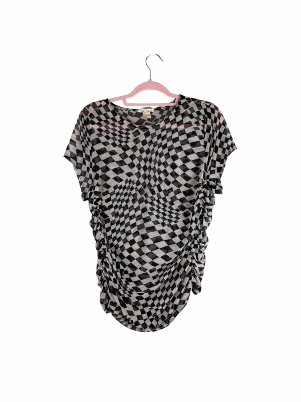 Torrid Festi Black White Optical Checkered Ruched Mesh Top Size 2X